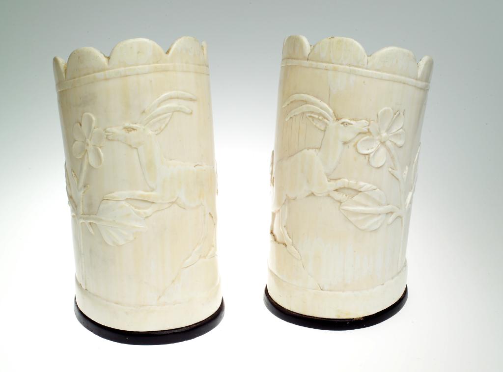 Appraisal: PAIR OF IVORY TUSK VASES early th century each with