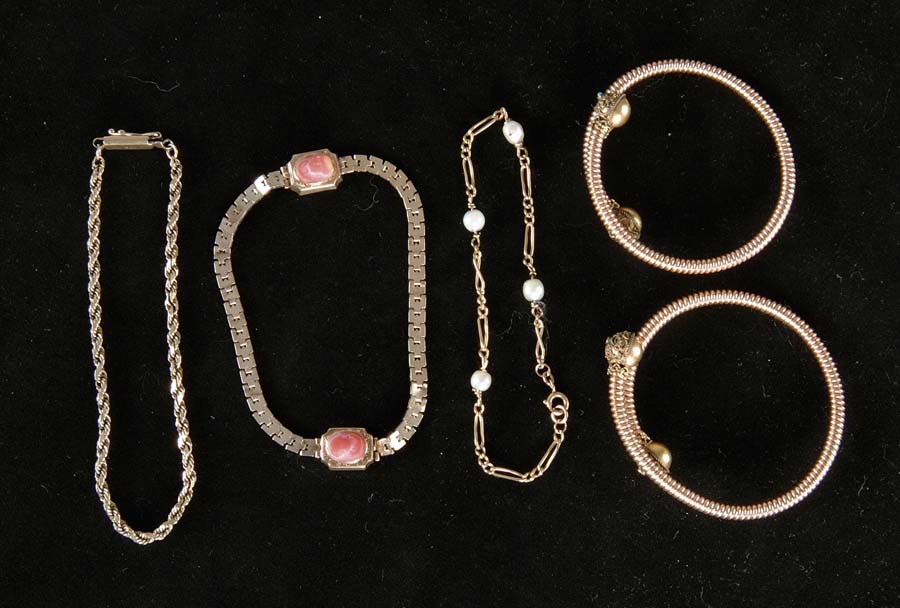 Appraisal: LOT OF FIVE BRACELETS k gold tested and pearl bracelet