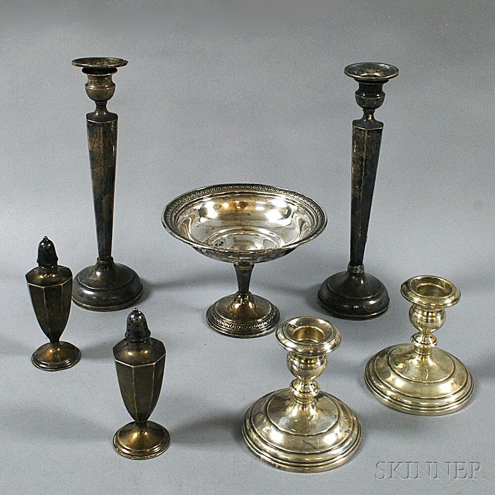 Appraisal: Seven Pieces of Weighted Sterling Silver Tableware a pair of