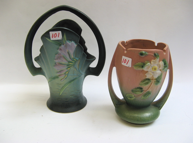 Appraisal: TWO AMERICAN ROSEVILLE ART POTTERY VASES One is a basket