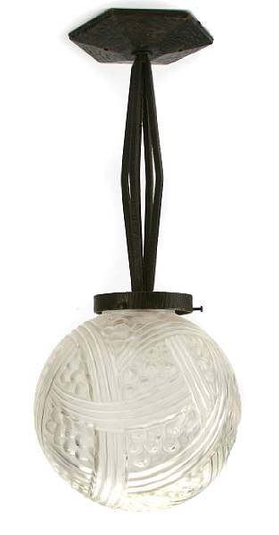 Appraisal: Two French Art Deco molded glass and wrought-iron hanging light