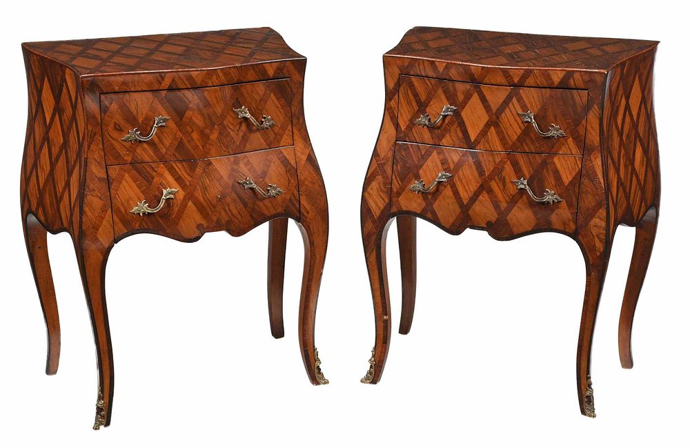 Appraisal: Pair Italian Walnut Bombe Bedside Commodes th century petite commodes