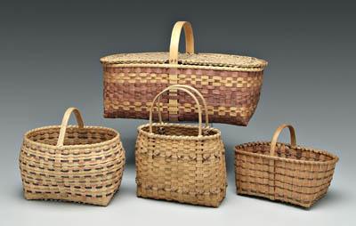 Appraisal: Four Cherokee oak split baskets shopping basket with overlapping cross