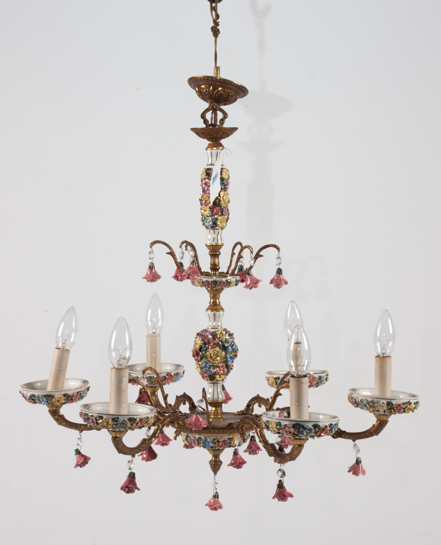 Appraisal: Capodimonte style brass and ceramic chandelier six-light gilt-brass and ceramic