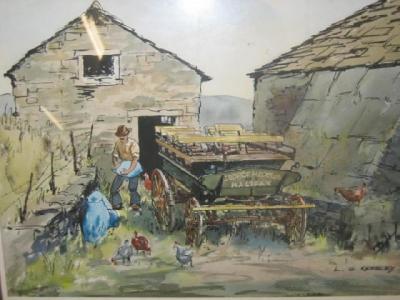 Appraisal: L G KERSLEY Farmyard Scene with Figure Cart and Chickens