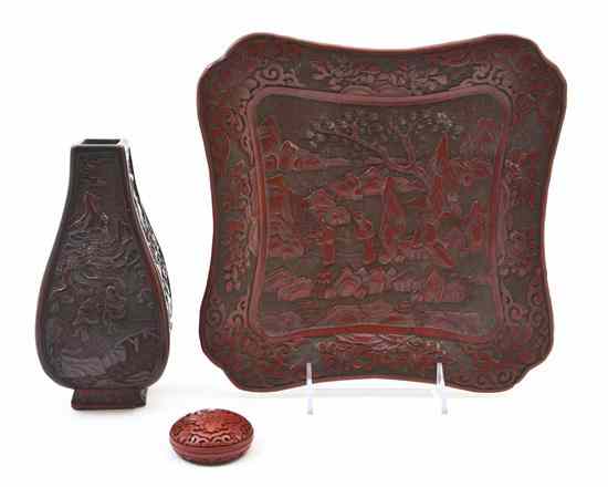 Appraisal: A Group of Three Cinnabar Lacquer Articles comprising a square