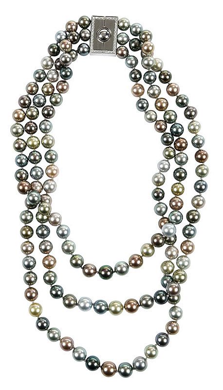 Appraisal: kt Pearl Necklace knotted triple strand multi-color cultured pearls ranging