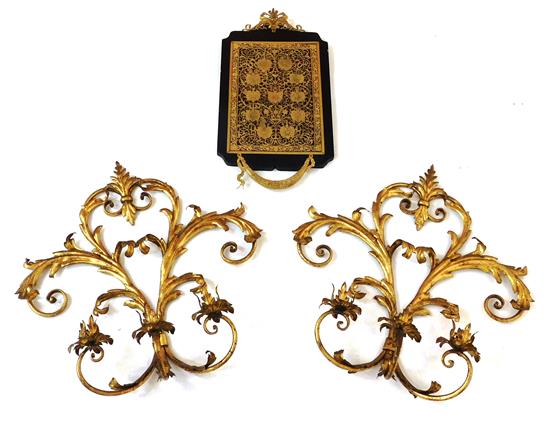 Appraisal: Pair of th C gilt metal wall three-light wall sconces