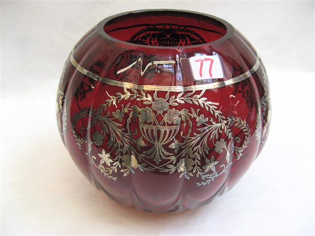 Appraisal: RUBY-RED GLASS STERLING OVERLAY ROSE BOWL with ribbed with vertical