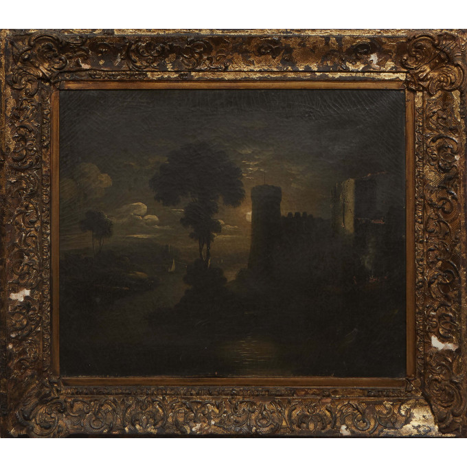 Appraisal: Continental School Nighttime Landscape with Castle Under the Moonlight th