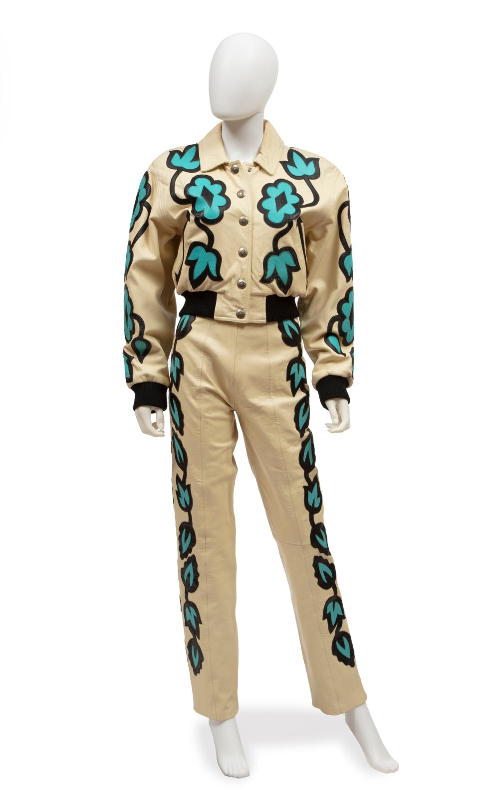 Appraisal: Chris Owens' Leather Jacket and Pants Set ivory with turquoise