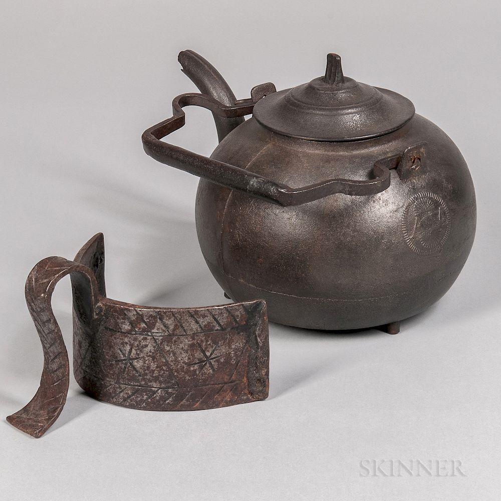 Appraisal: Cast Iron Kettle and Wrought Iron Kettle Pusher Cast Iron