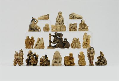 Appraisal: Twenty one netsuke and okimono mostly ivory of figures monkeys