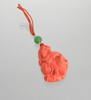 Appraisal: A Carved Coral Pendant with Jadeite and Seed Pearls Chinese