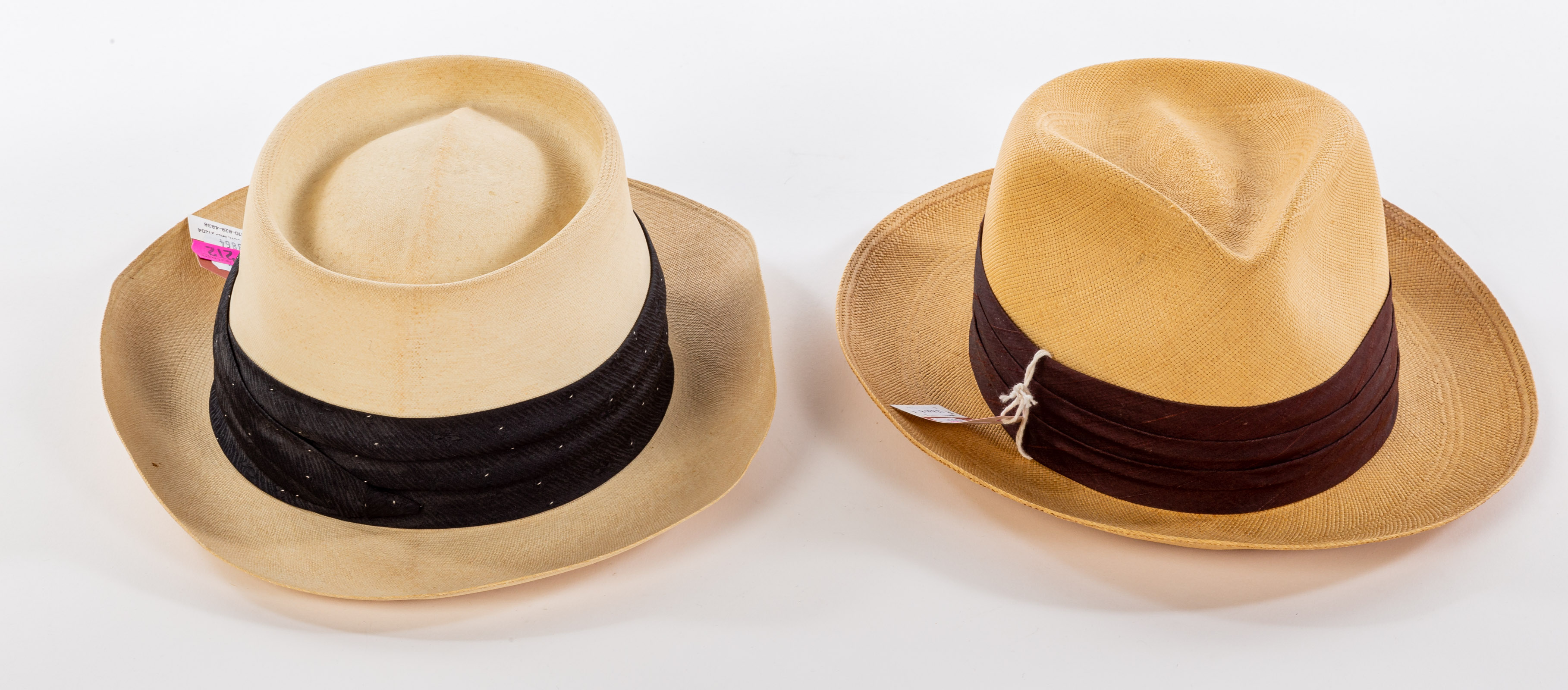 Appraisal: TWO HAND WOVEN STRAW HATS one custom made pork pie