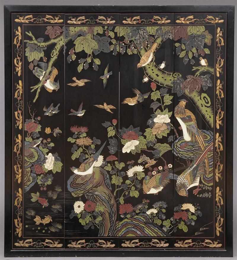 Appraisal: CHINESE FRAMED FOUR-FOLD BLACK LACQUER COROMANDEL SCREEN Each panel with