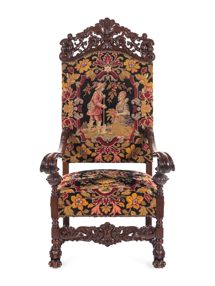 Appraisal: A William and Mary Style Carved Mahogany Armchair A William