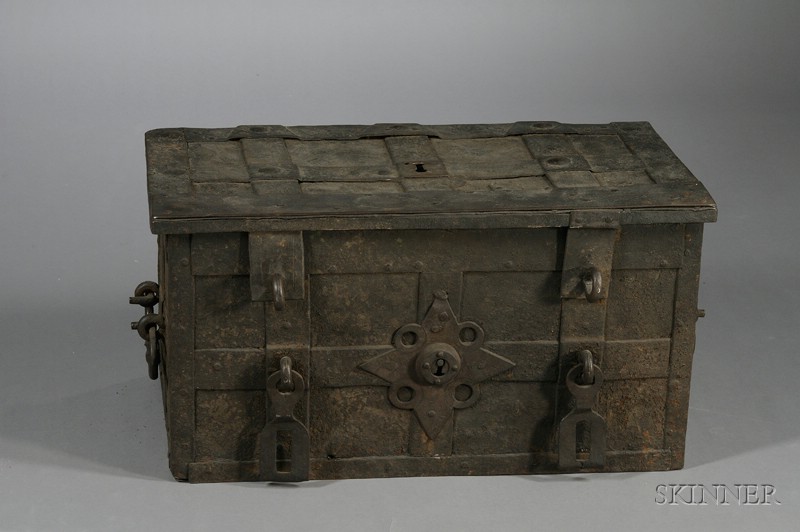 Appraisal: Large Mediaeval-style Iron Strong Box with studded strapwork star shaped