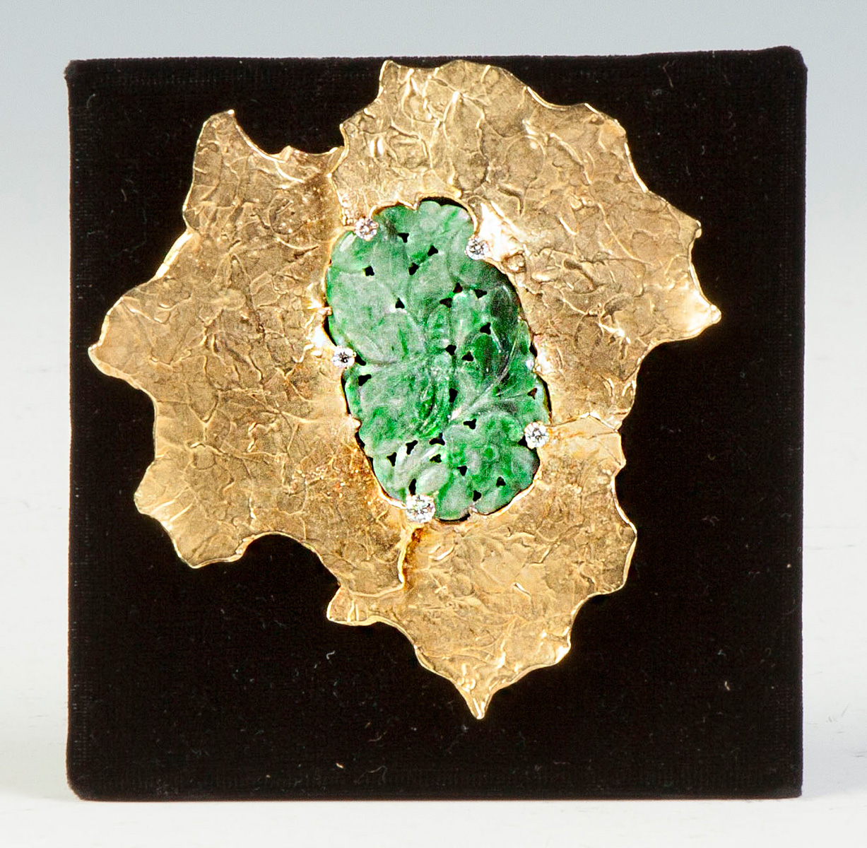 Appraisal: Ed Wiener K Gold Jade Diamond Brooch Marked 'Ed Wiener'