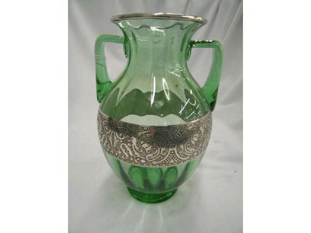 Appraisal: Silver Overlay Green Art Glass Vase deco design band on