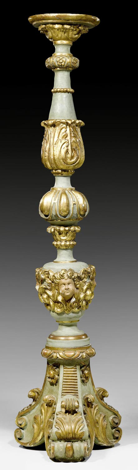 Appraisal: TALL PAINTED CANDLEHOLDER AUX ANGELOTS Baroque Italy th century Richly