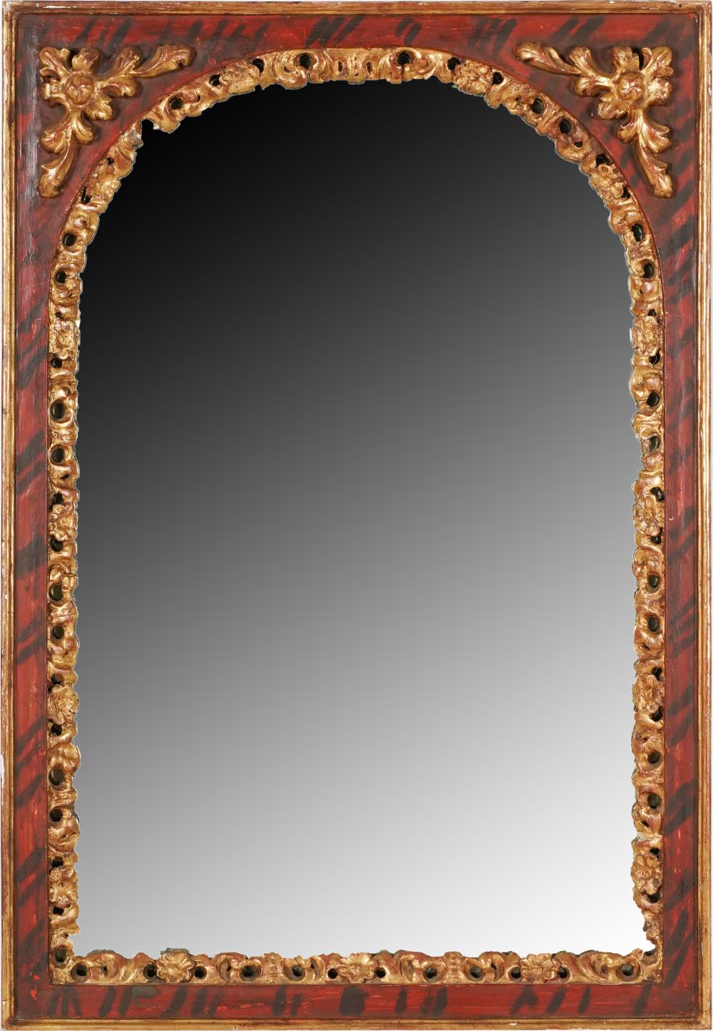 Appraisal: ITALIAN PAINTED GILT WALL MIRRORthe arched mirror plate within a