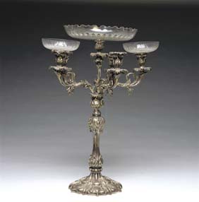 Appraisal: ANTIQUE SILVERPLATE GLASS EPERGNE Large silver plated epergne with six