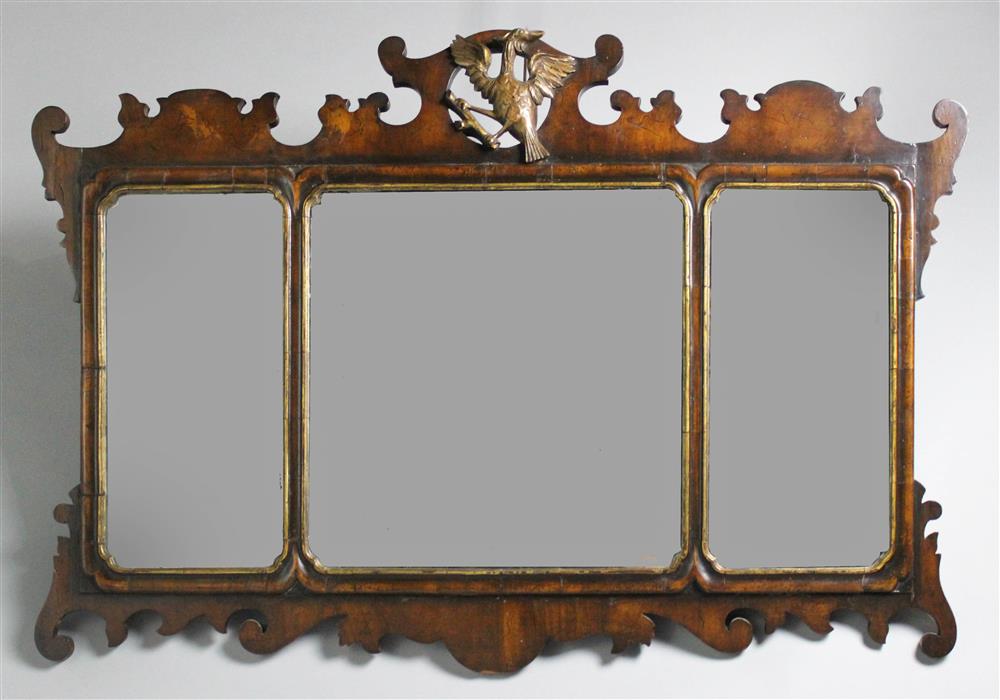 Appraisal: GEORGE III MAHOGANY AND PARCEL GILT THREE-PART OVERMANTEL MIRROR CIRCA