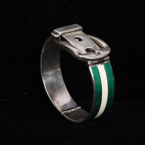 Appraisal: Vintage Gucci Sterling Silver Enamel Green Cream Buckle Bangle Bracelet