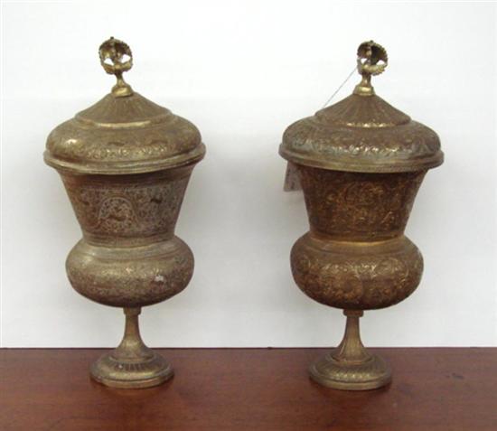 Appraisal: Pair mideastern-style brass covered urns