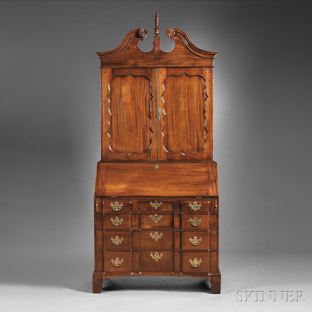 Appraisal: Mahogany Desk Bookcase Massachusetts c - scroll cresting with carved