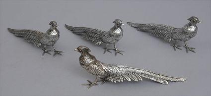 Appraisal: SET OF FOUR CONTINENTAL SILVER PHEASANT-FORM TABLE DECORATIONS With punch