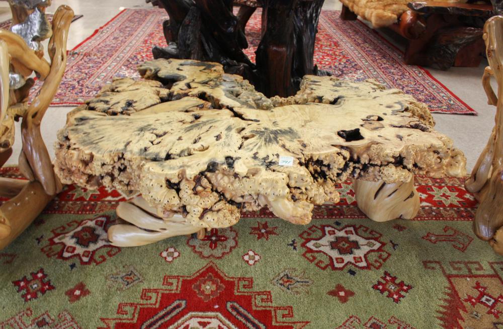 Appraisal: LARGE CUSTOM ARTISAN BURL COFFEE TABLE featuring a thick cross