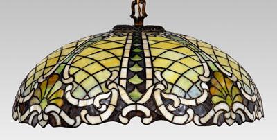 Appraisal: Tiffany style stained glass shade mushroom shaped with three-light fixture