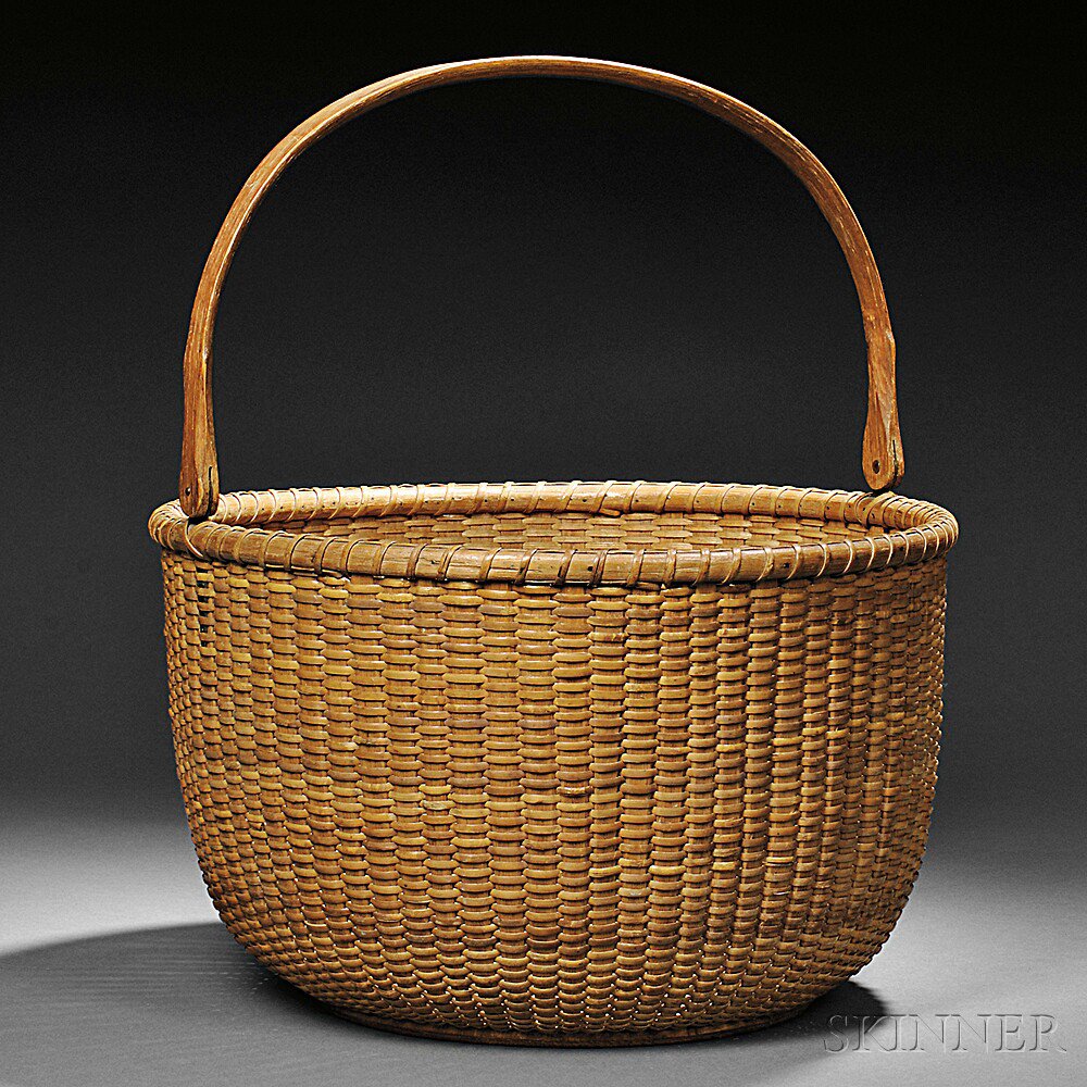 Appraisal: Large Round Swing-handled Nantucket Basket William B Appleton early th