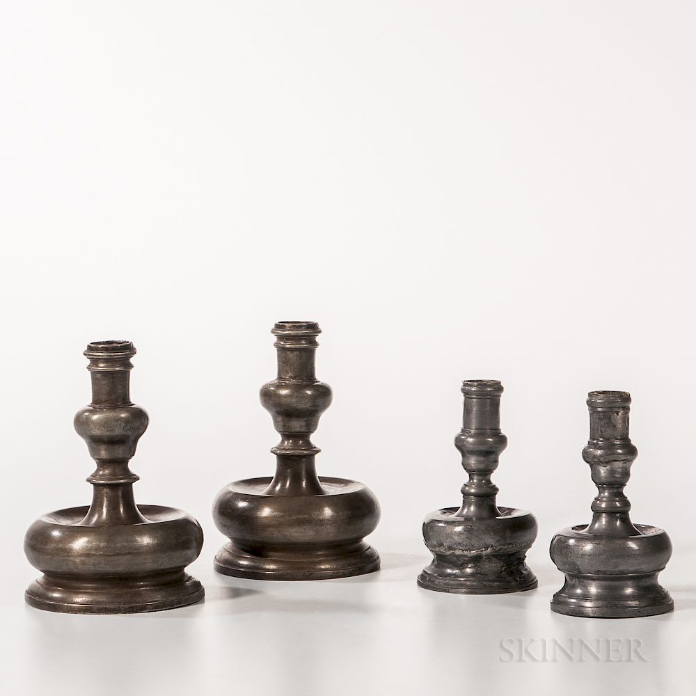 Appraisal: Two Pairs of Bun-base Pewter Candlesticks Two Pairs of Bun-base