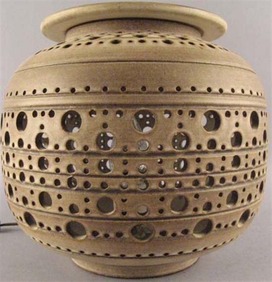 Appraisal: Unusual Pottery Lamp with Openwork Design Lidded mark of potter