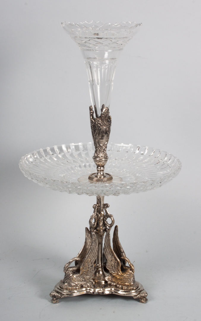 Appraisal: Rococo style silver plate and glass epergne triform base with