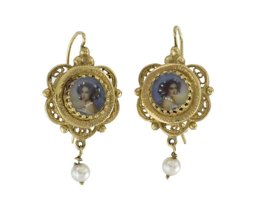 Appraisal: K PORTRAIT EARRINGS K Victorian revival earrings with portraits mm