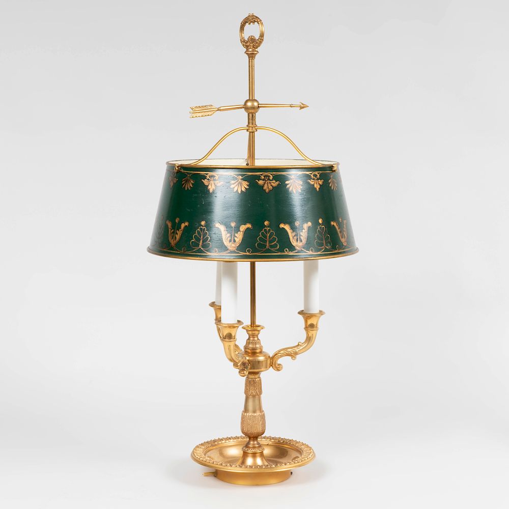 Appraisal: French Gilt-Metal Three-Light Bouillotte Lamp with T le Shade x