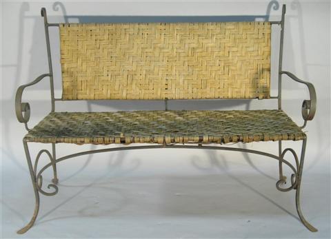 Appraisal: MODERN WROUGHT IRON SPLIT OAK WOVEN BENCH th century the