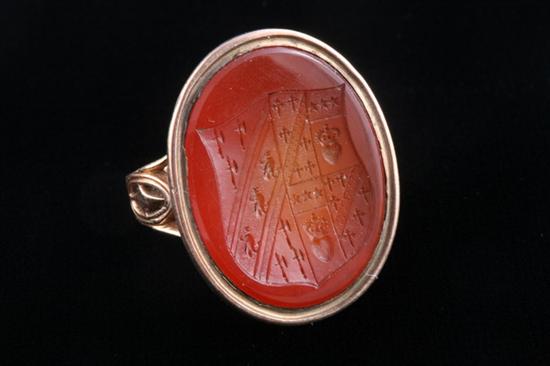 Appraisal: EARLY TH CENTURY CONTINENTAL YELLOW GOLD AND INTAGLIO-CUT CARNELIAN HEARALDIC