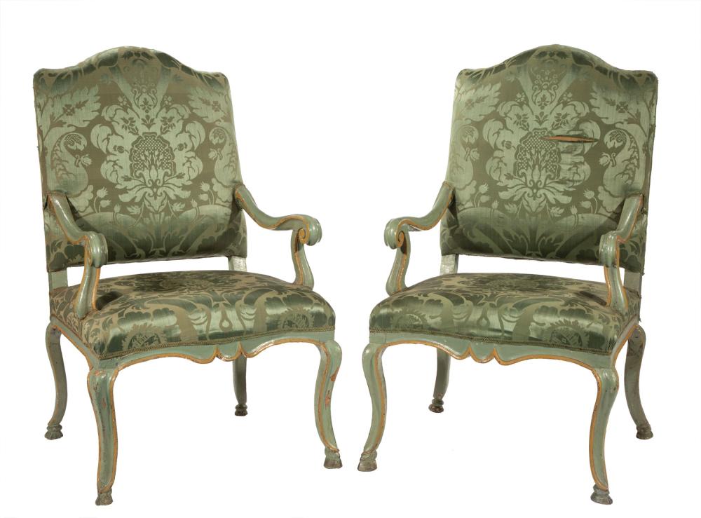 Appraisal: Pair of Italian Carved and Painted Armchairs th c arched