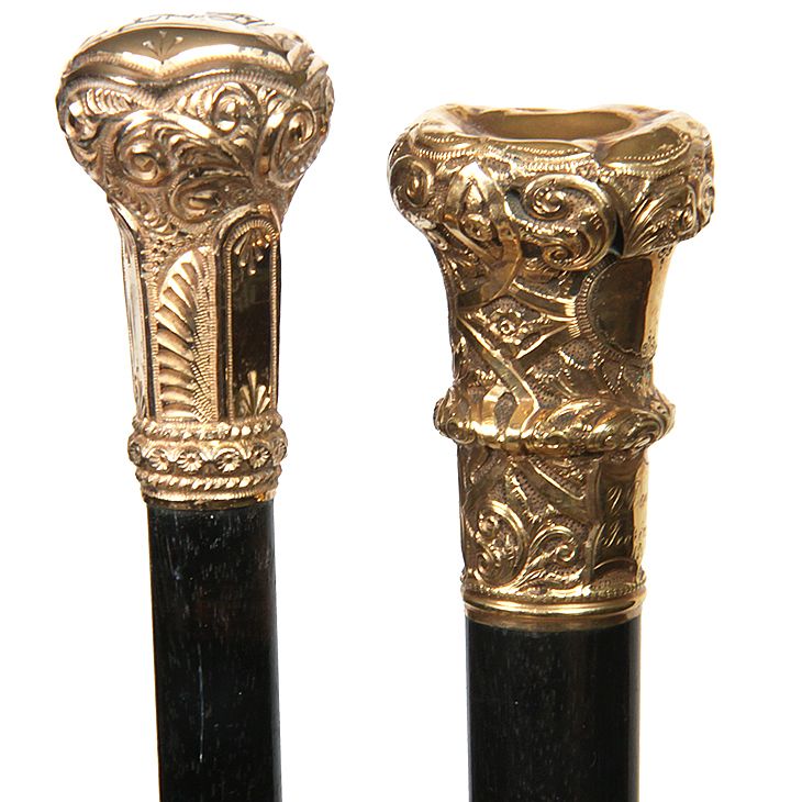 Appraisal: Two Gold-Filled Dress Canes Late th Century- The largest one