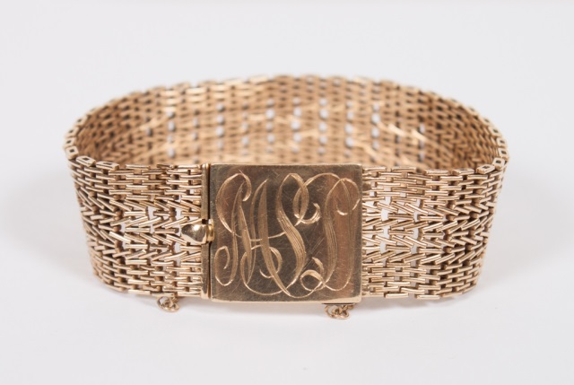 Appraisal: Lady's K gold mesh bracelet with engraved monogram plaque in