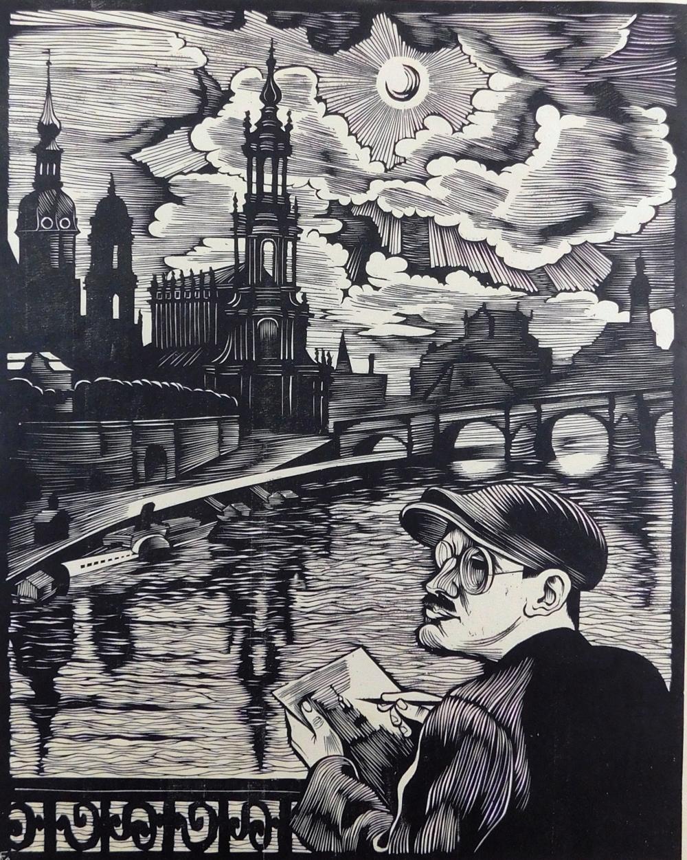 Appraisal: Conrad Felixmuller German - Self-Portrait in City Landscape Dresden woodcut