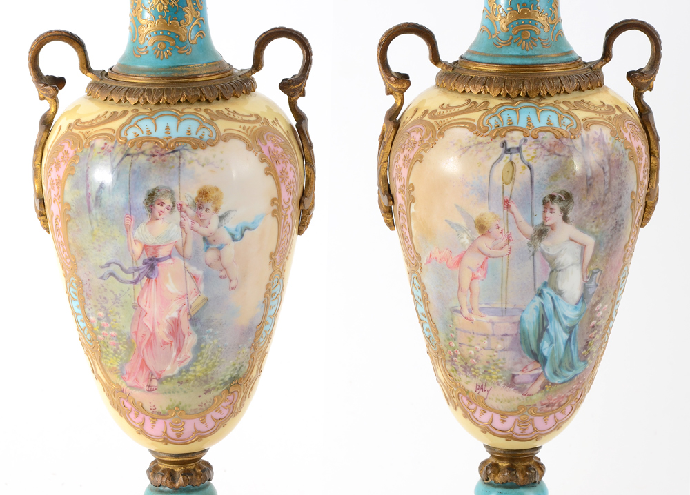 Appraisal: PAIR SEVRES HAND PAINTED PORCELAIN LAMPS Each with scene of