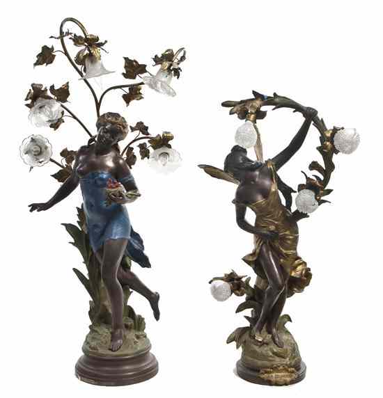 Appraisal: Two Cast Metal Figural Newell Post Lamps after Auguste Moreau