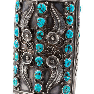 Appraisal: Navajo Silver and Turquoise Ketoh with Floral and Leaf Silver