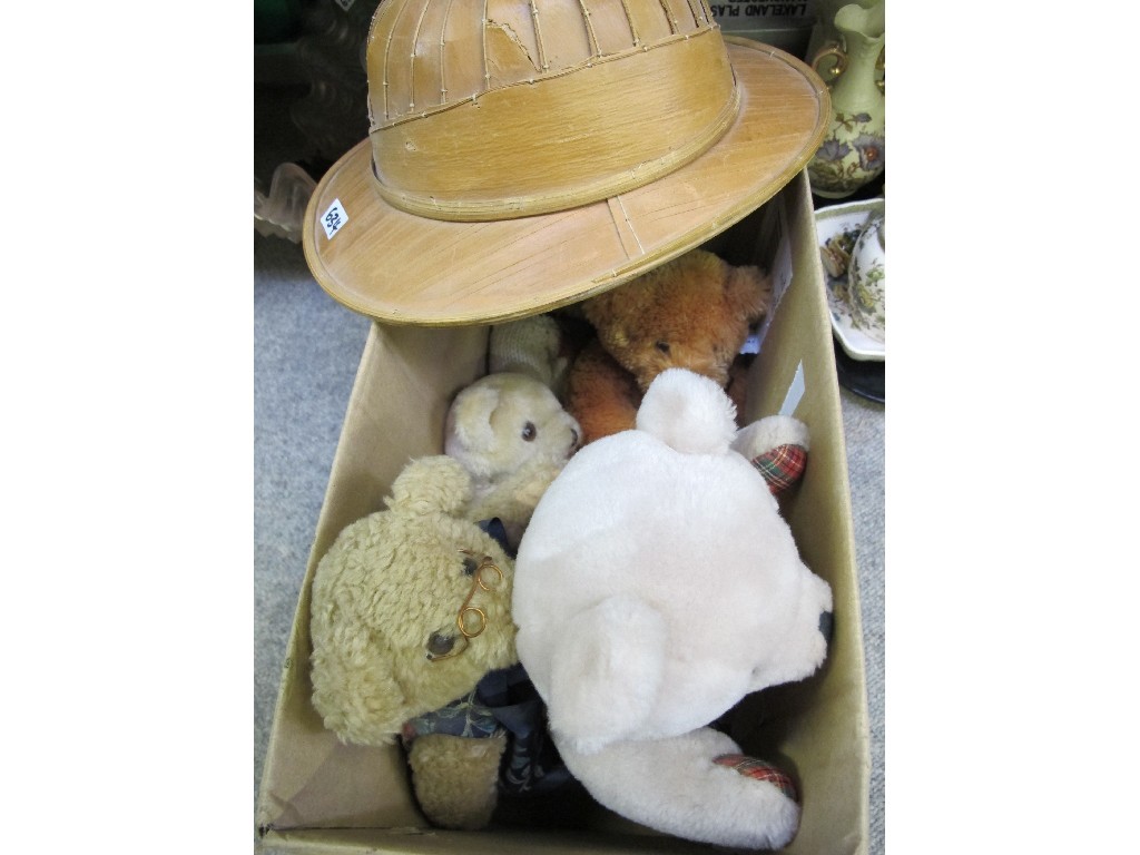 Appraisal: Box of soft toys and a wooden hat